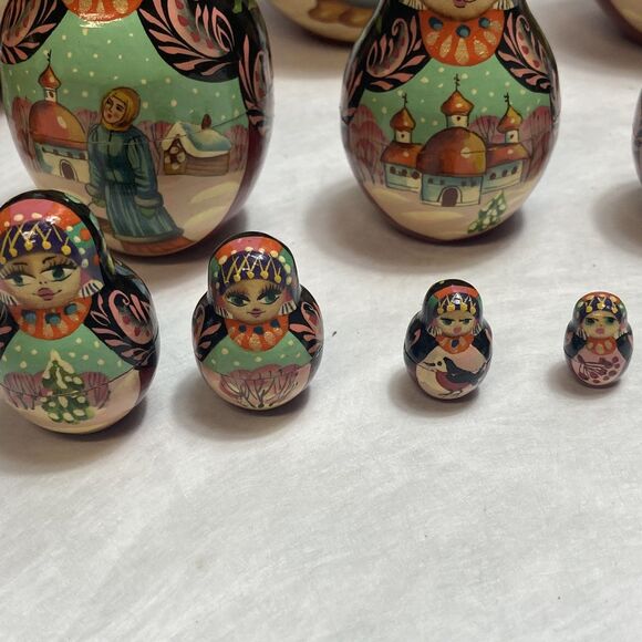 Vintage Winter Russian Hand Painted Matryoshka 10 Piece Nesting Doll 7” - Picture 4 of 13